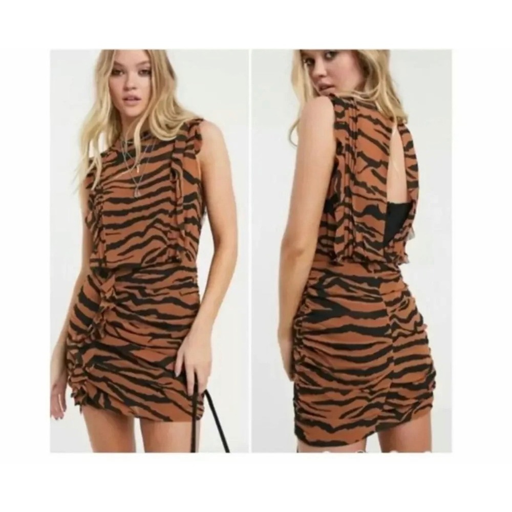 AllSaints Tiger Print Ruched Mini Dress Brown Black Sleeveless Pleated US 2